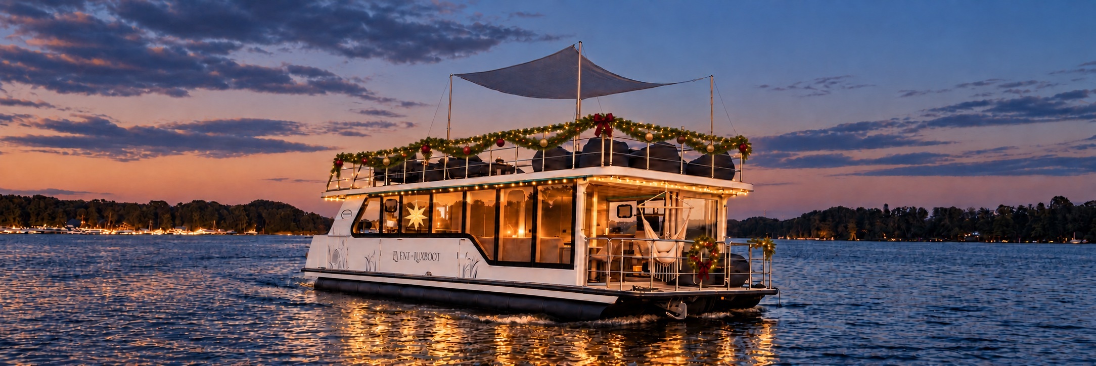 Weihnachtlich beleuchtetes Eventboot auf dem Krossinsee